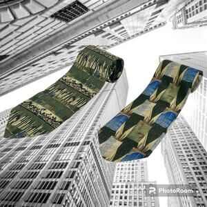 Pair of 2 Structure VTG 100% Silk Green Blue Tan Classic Necktie Tie Buildings